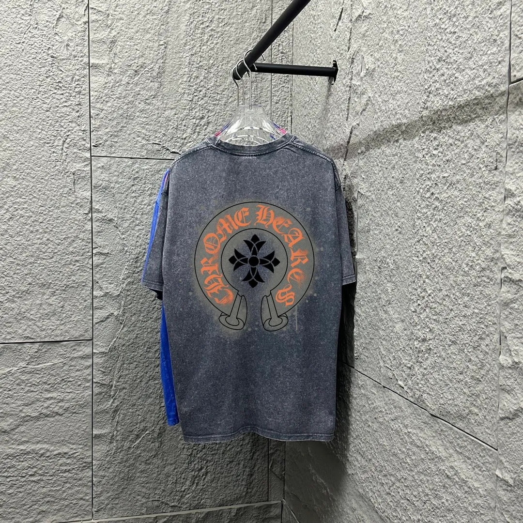 🅿️180 CH* Crow Heart* 2025 spring and summer new style Snowflake distressed washed retro round neck short sleeves Chest and front logo Horseshoe print on front and back Customized fabric Short-sleeved T-shirt Unisex Size: S M L XL XXL Color: Snowflake Black Snowflake Gray Snowflake Pink Snowflake Blue